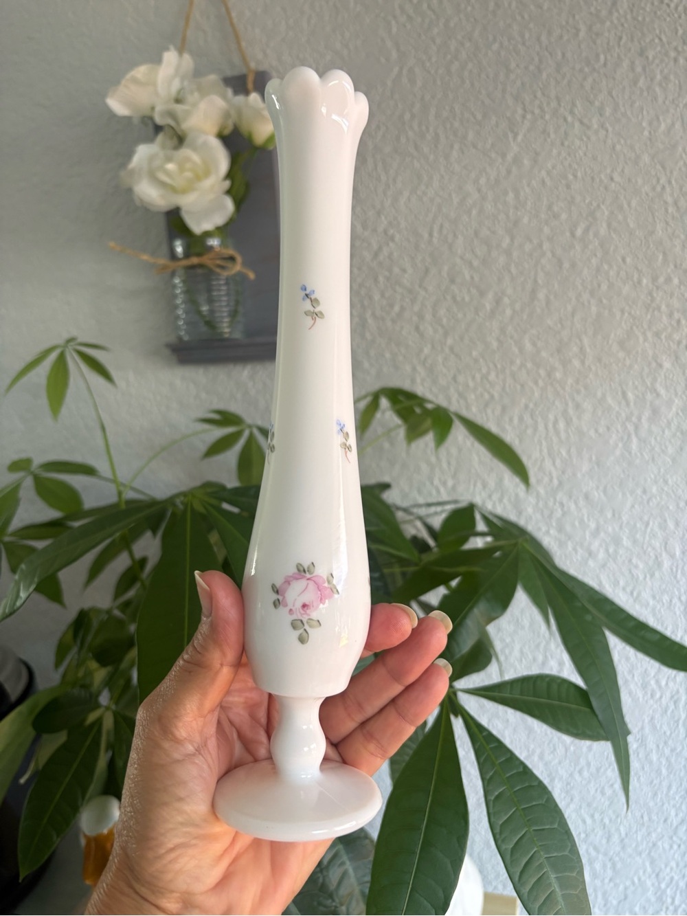 Elegant White Milk Glass Bud Vase with Pink Floral Accent
